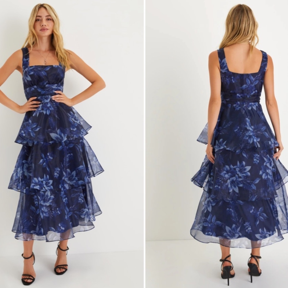 Lulu's Navy Blue Tiered Floral Midi Dress